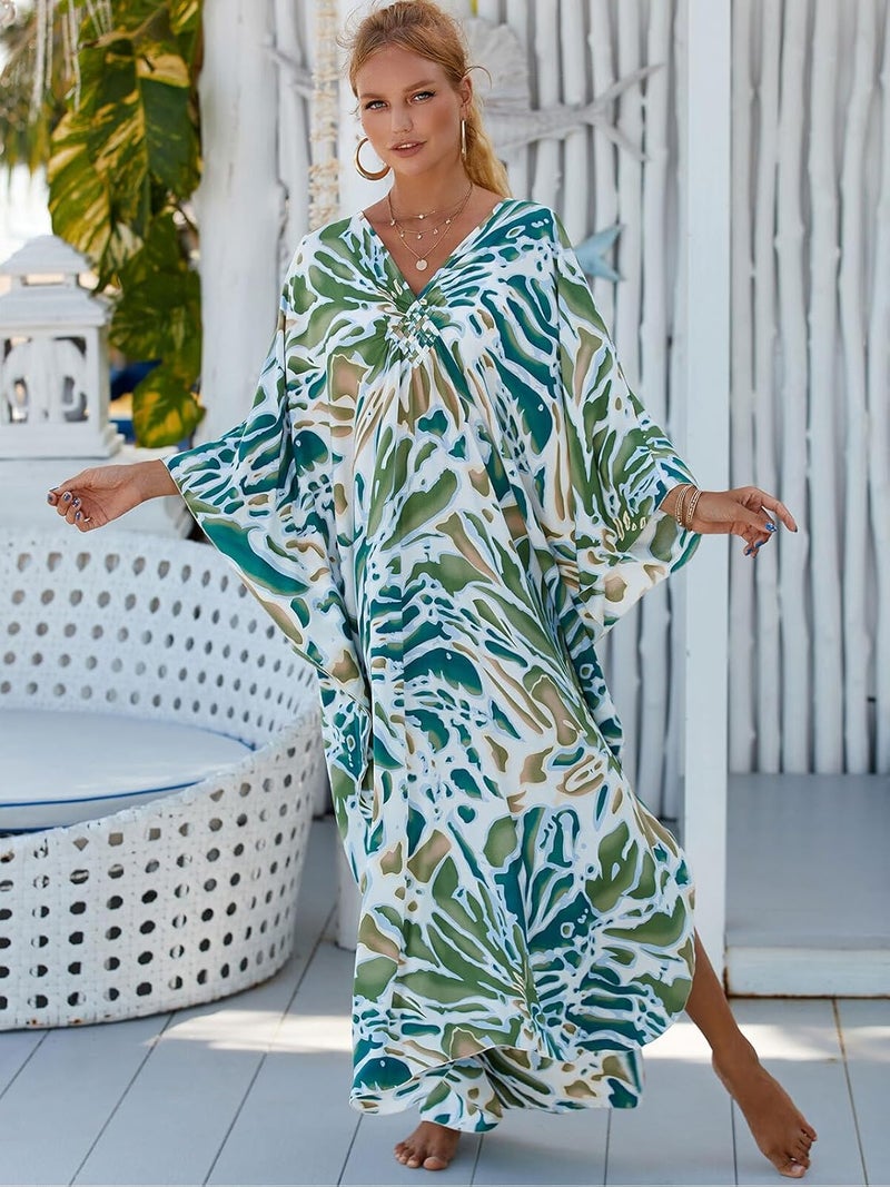 IMAGEKOPE Women's Plus Size Animal Print V-Neck Batwing Kaftan Beach Dress Bathing Suit Cover-Up Loungewear - Image 5
